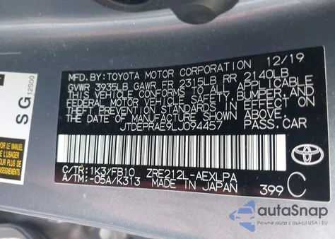 2020 Toyota Corolla Le from USA, damaged, VIN JTDEPRAE9LJ094457